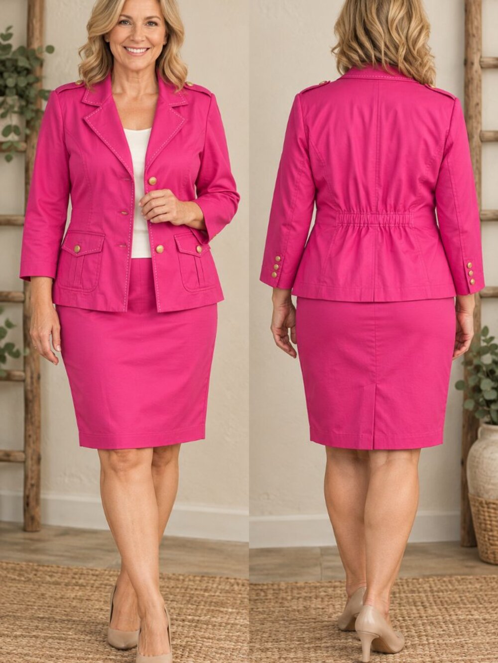 Joan Rivers Pink 2 Piece Skirt Suit L Blazer Pencil Skirt Cotton Gold Buttons